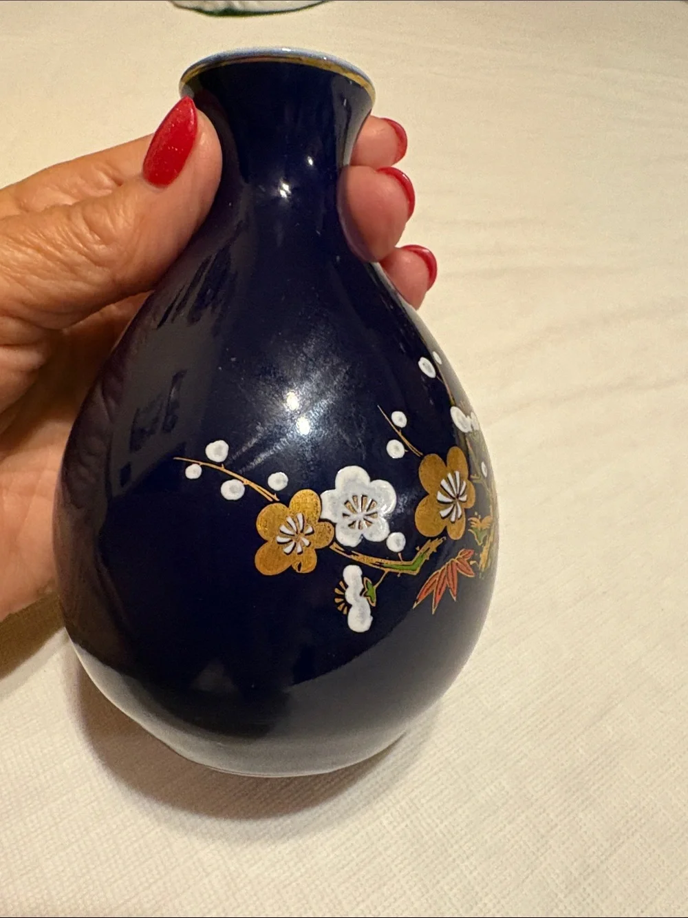 Navy Porcelain Bud Vase with Gold Floral Motif